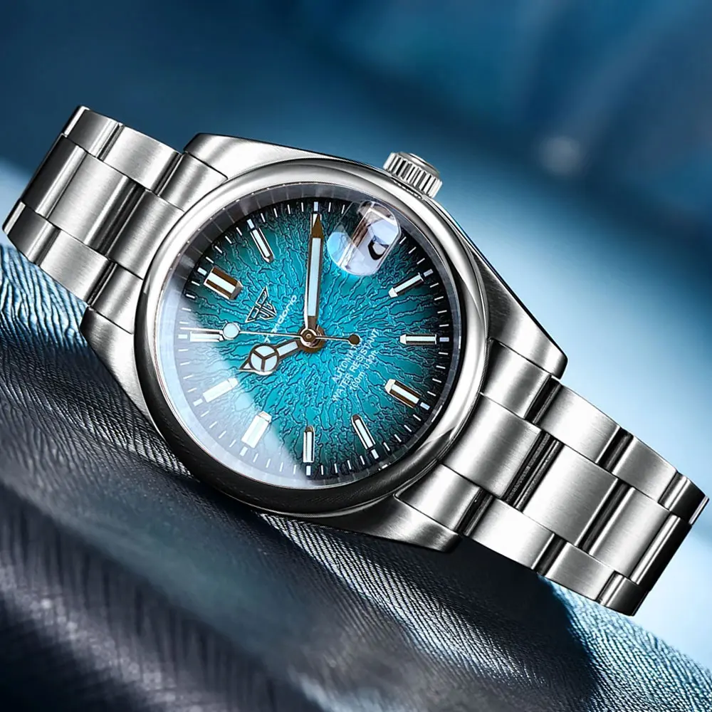 Tandorio Neue 36/39mm Uhr Männer Blau Teetasse Muster Datum Gesicht Leuchtende Markierungen Saphirglas 100m Wasserdicht stahl Armband Image