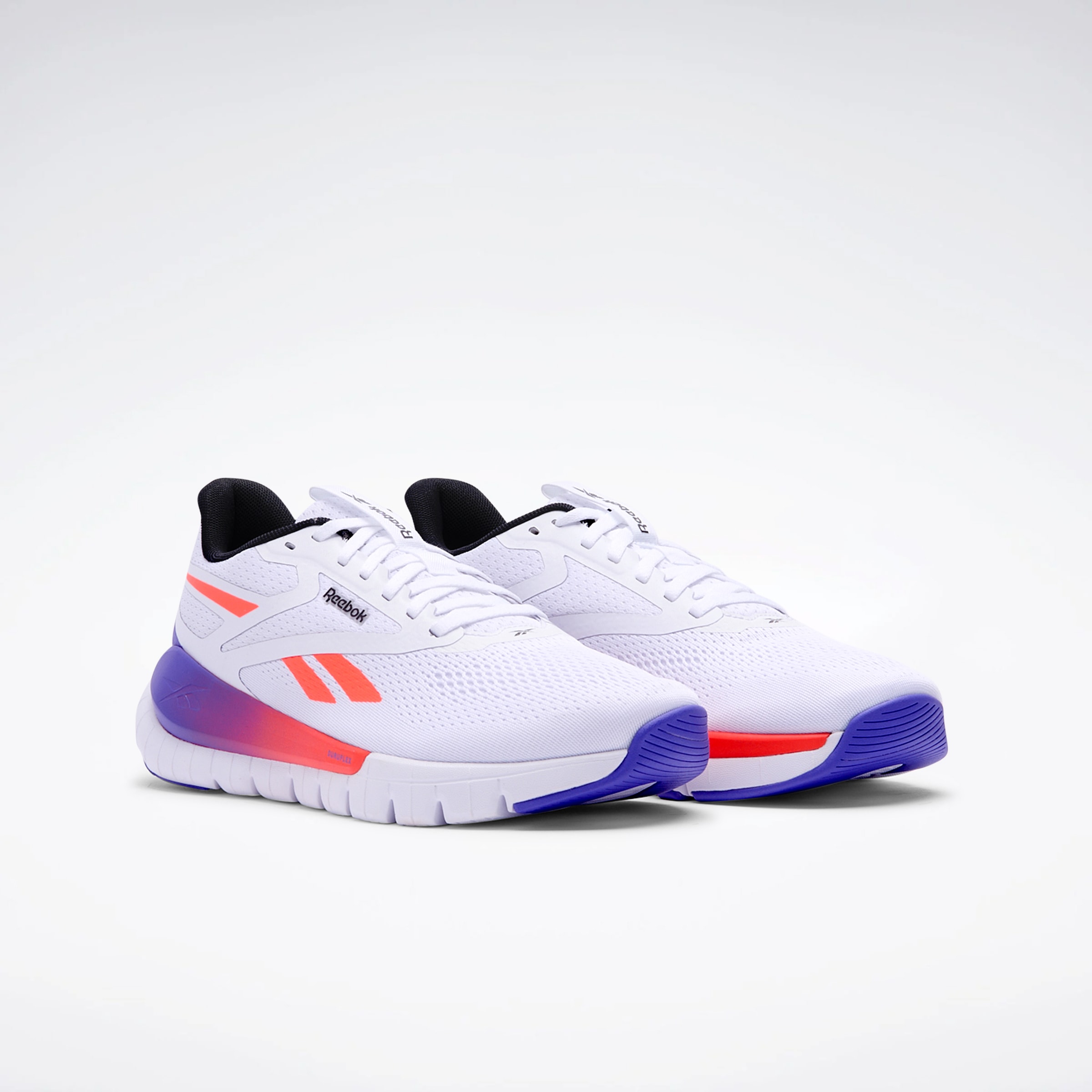 Trainingsschuh REEBOK "REEBOK FLEX TRAINER", Gr. 41, footwear weiß, flash orange, royal lila, Synthetik, Textil, Schuhe