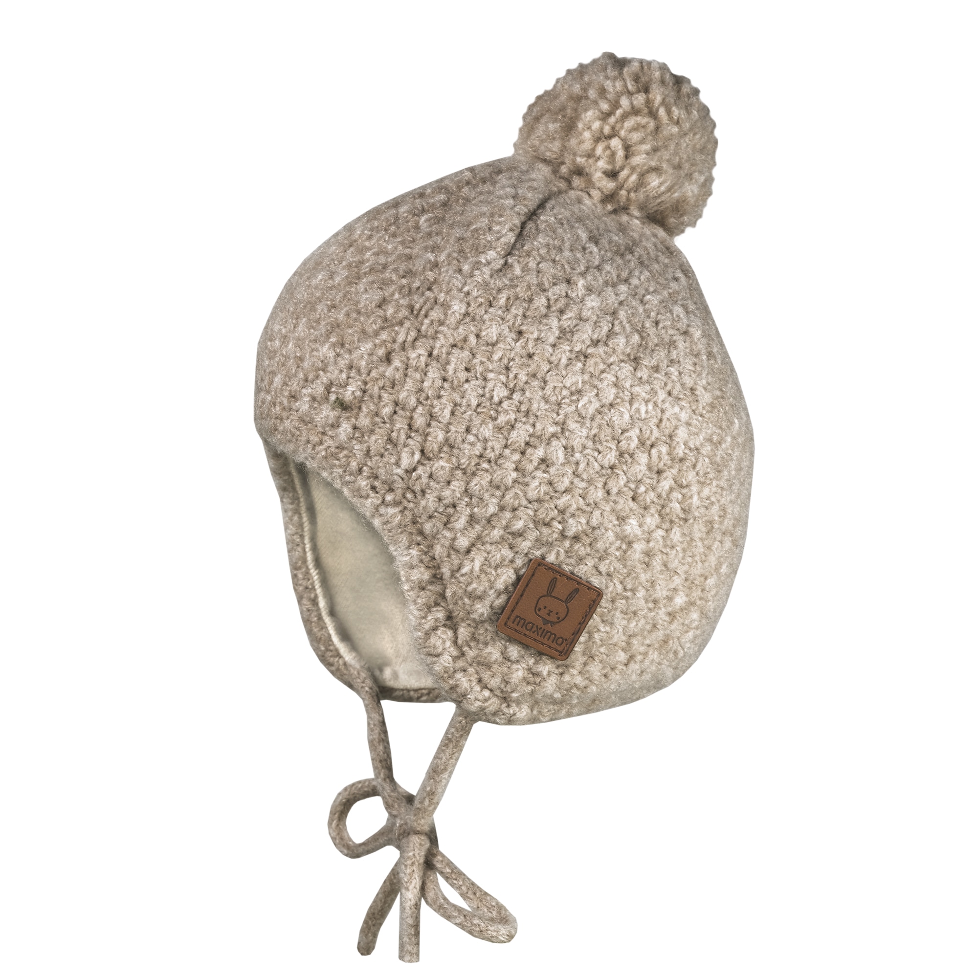 Bommelmütze MAXIMO, Baby, Gr. 45, braun (braunmeliert), Strick, Materialmix, unifarben, Mützen, weiche Wollmischung, Bommel, Bindeband, gefüttert Image