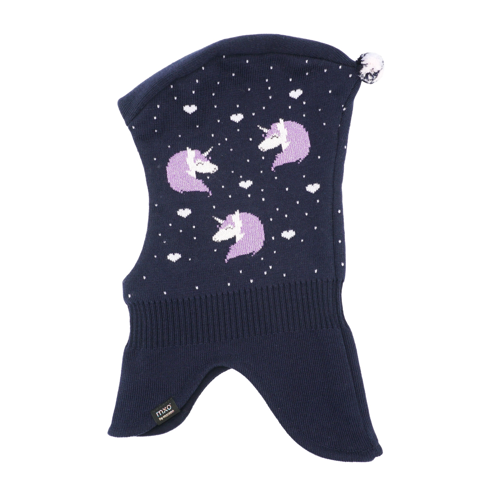 Schlupfmütze MAXIMO, Baby, Gr. 51, blau (navy, chive blossom), Fleece, Baumwolle, gemustert, mehrfarbig, Casual, Mützen, Baumwolle, gefüttert, im Einhorn-Design, verlängertes Halsteil Image
