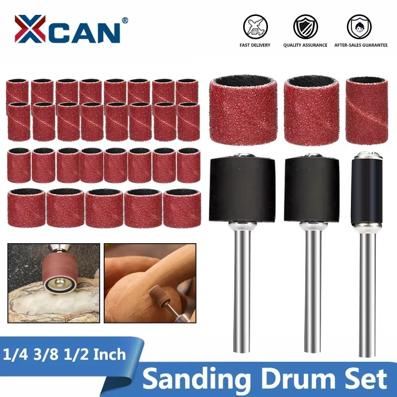 XCAN 51/66 Stück Schleiftrommel-Set 1/4 3/8 1/2 Zoll Schleifbandhülse mit Dornen für Dremel-Drehwerkzeug-Zubehör Image