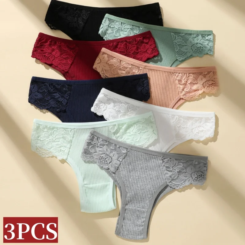 3-teiliges Set Damen Baumwoll-Slips Brasilianische Unterwäsche mit Blumenspitze Patchwork-Slips Damenunterwäsche Sexy Dessous Intimwäsche S-L Image