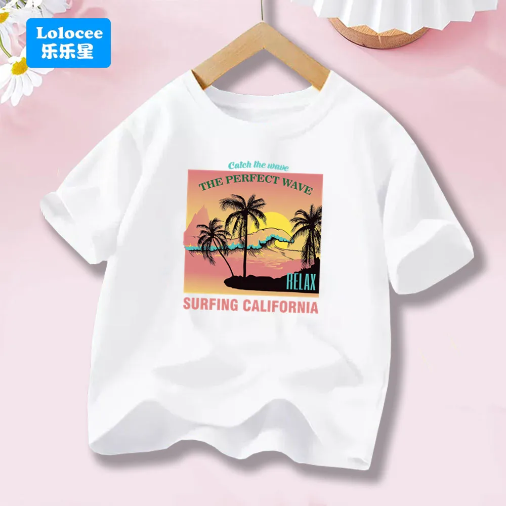 Vintage California Beach Surfing Paradise Grafik-T-Shirt – weißes Retro-Kurzarm-T-Shirt mit Rundhalsausschnitt für Kinder YSST1 Image