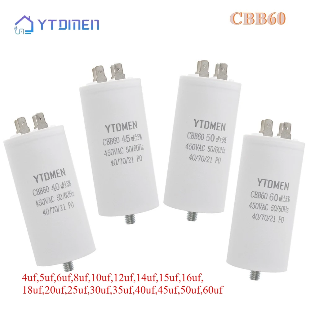 CBB60 Capacitor 4 Pin AC 450V Dual Insert Motor Run Capacitors 4UF-60UF with Screws for Washing Machine Air Compressor 12uf 16uf