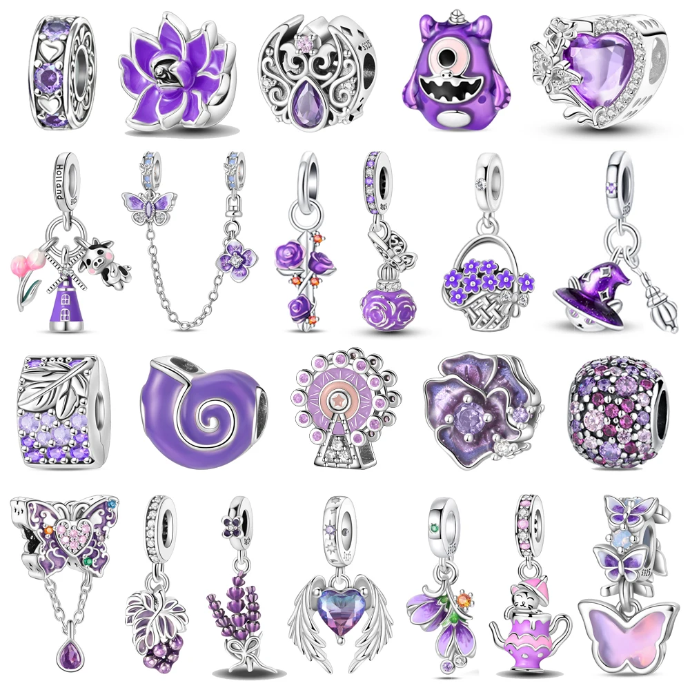 Heißer Verkauf 925er Sterlingsilber Riesenrad Perlen & Rose & Trauben baumeln Charm für Armband Boutique Halskette lila Anhänger Geschenk Image