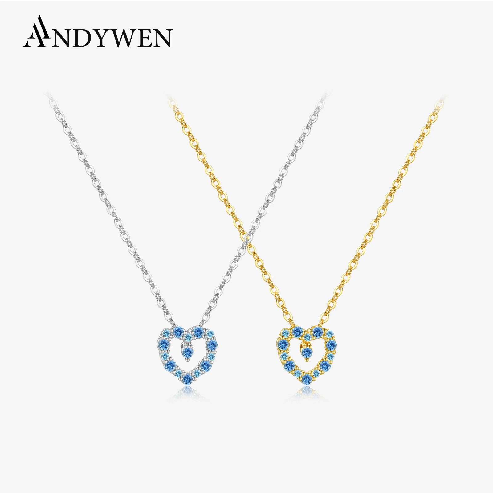ANDYWEN Herz-Halskette aus 925er Silber mit blauen CZ, Ton-Zirkonia-Liebesanhänger, romantische Schmuck-Geschenkbox für Frauen, vielseitige Alltagskleidung