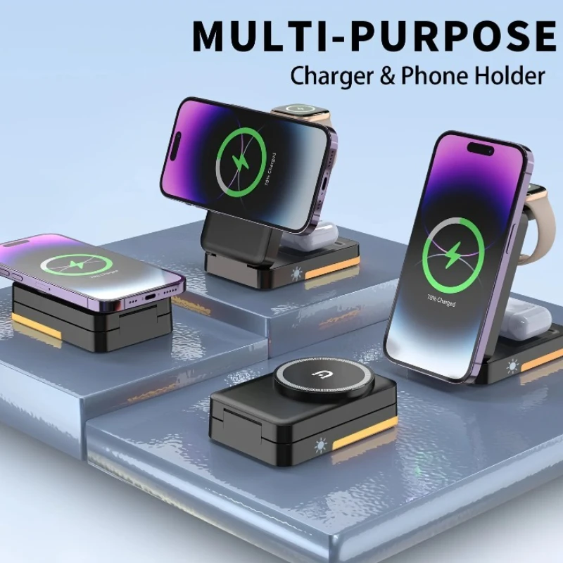 Supporto per caricabatterie wireless pieghevole con luce LED 3 in 1 per iPhone 16 15 14 13 12 Apple Watch 2-9 SE Airpods Pro Stazione di ricarica rapida