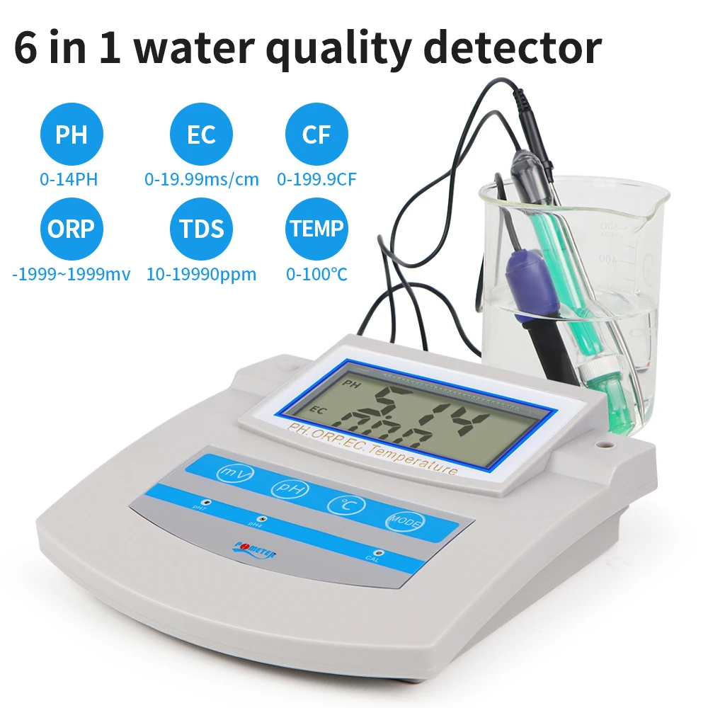 Wasserqualitätstester PH/TDS/EC/ORP/CF/Temp 6-in-1 Tischwasseranalysator für Labor, Aquarium, Schwimmbad, Trinkwasser Image