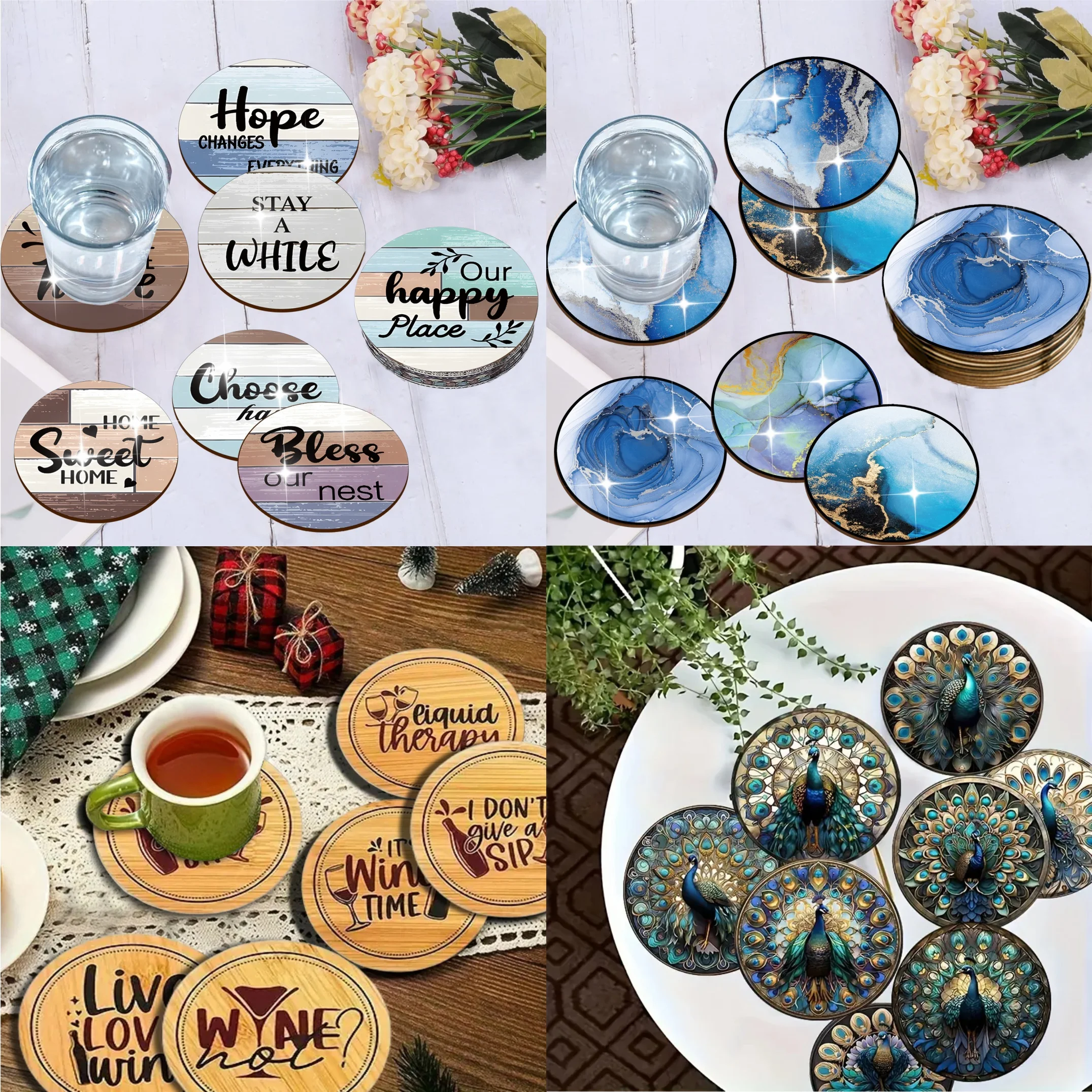 Dessous de verre rond non ald pour adultes, marbre, lettres, paon, art de la table à thé, bois, haute température, adapté aux adultes, 8 pièces