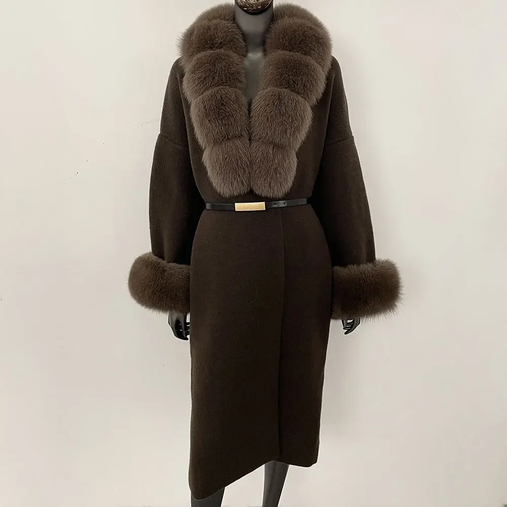 Echt Fuchs Pelz Jacke Lange Strickwaren Mantel Weibliche 2025, Herbst Strickjacke Mode Neue Herbst Frauen Warme Gürtel Natürliche Pelzmantel Frauen Image