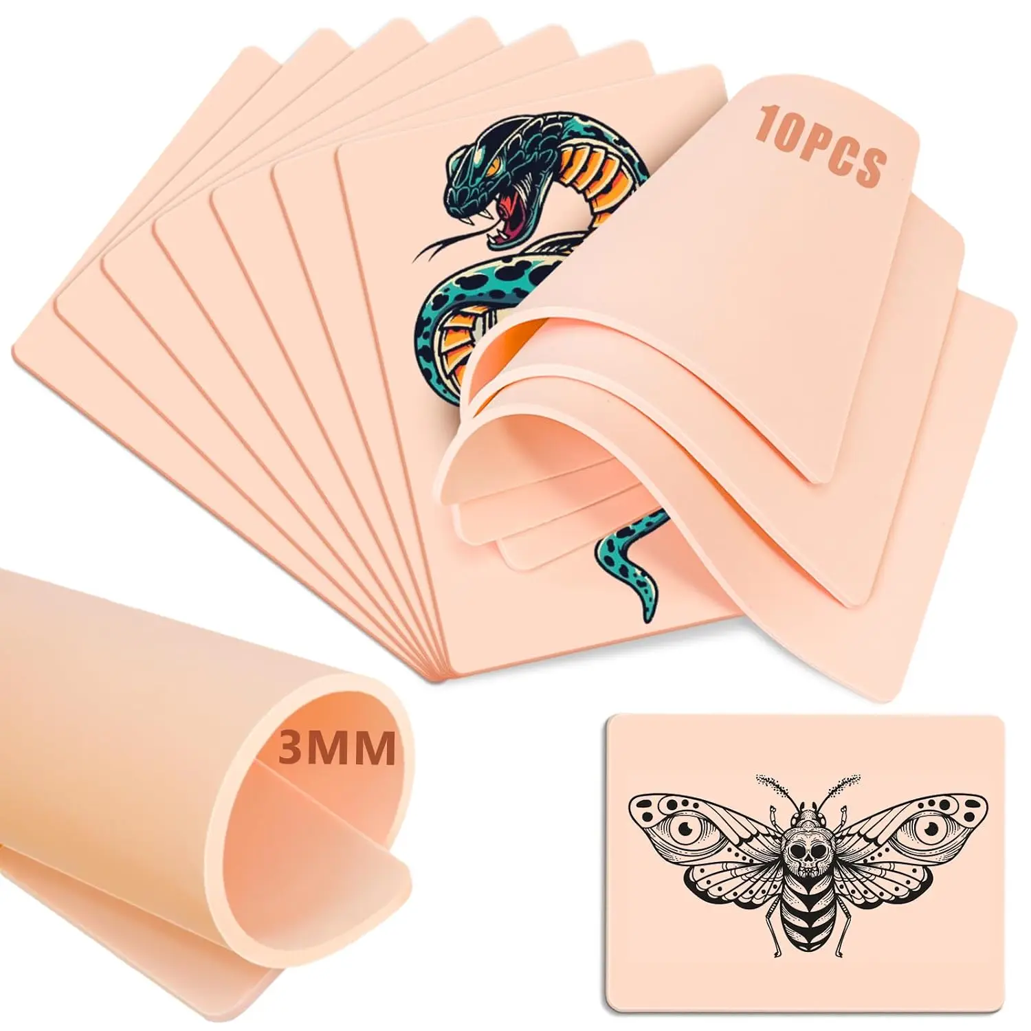 3 mm dicke Tattoo-Übungshaut – 10 Stück doppelseitige Silikonfolien für Tattoo- und Microblading-Übungen. Image