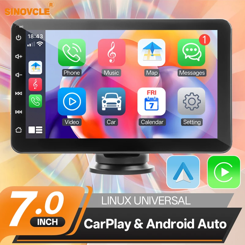 SINOVCLE 7 "portable sans fil Carplay Android Auto autoradio lecteur multimédia IPS écran tactile AUX USB Bluetooth lien miroir