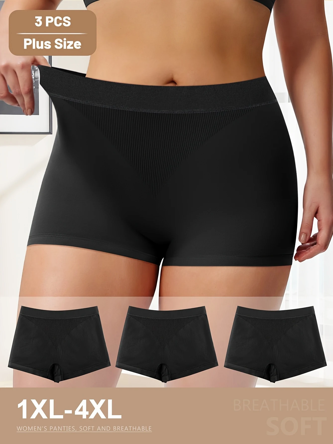 3 Stück Plus Size Mid-Rise Seamless Höschen Butt Lifter Solid Color Slips Image