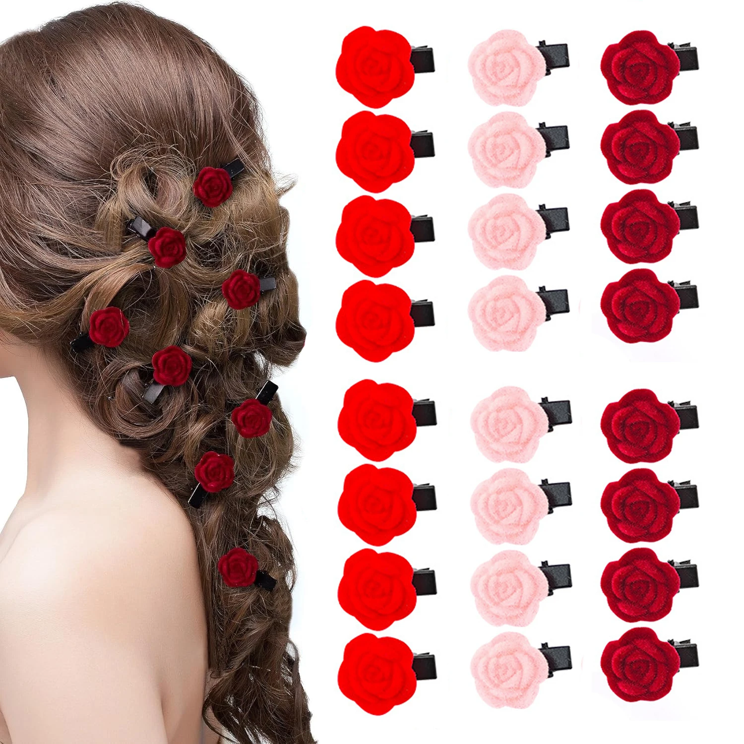 12 Stück kleine rote Samt-Rosen-Haarspangen für Frauen, koreanische Blumen-Haarnadeln, elegante Mädchen-Haarspangen, Haar-Accessoires, Haarspangen