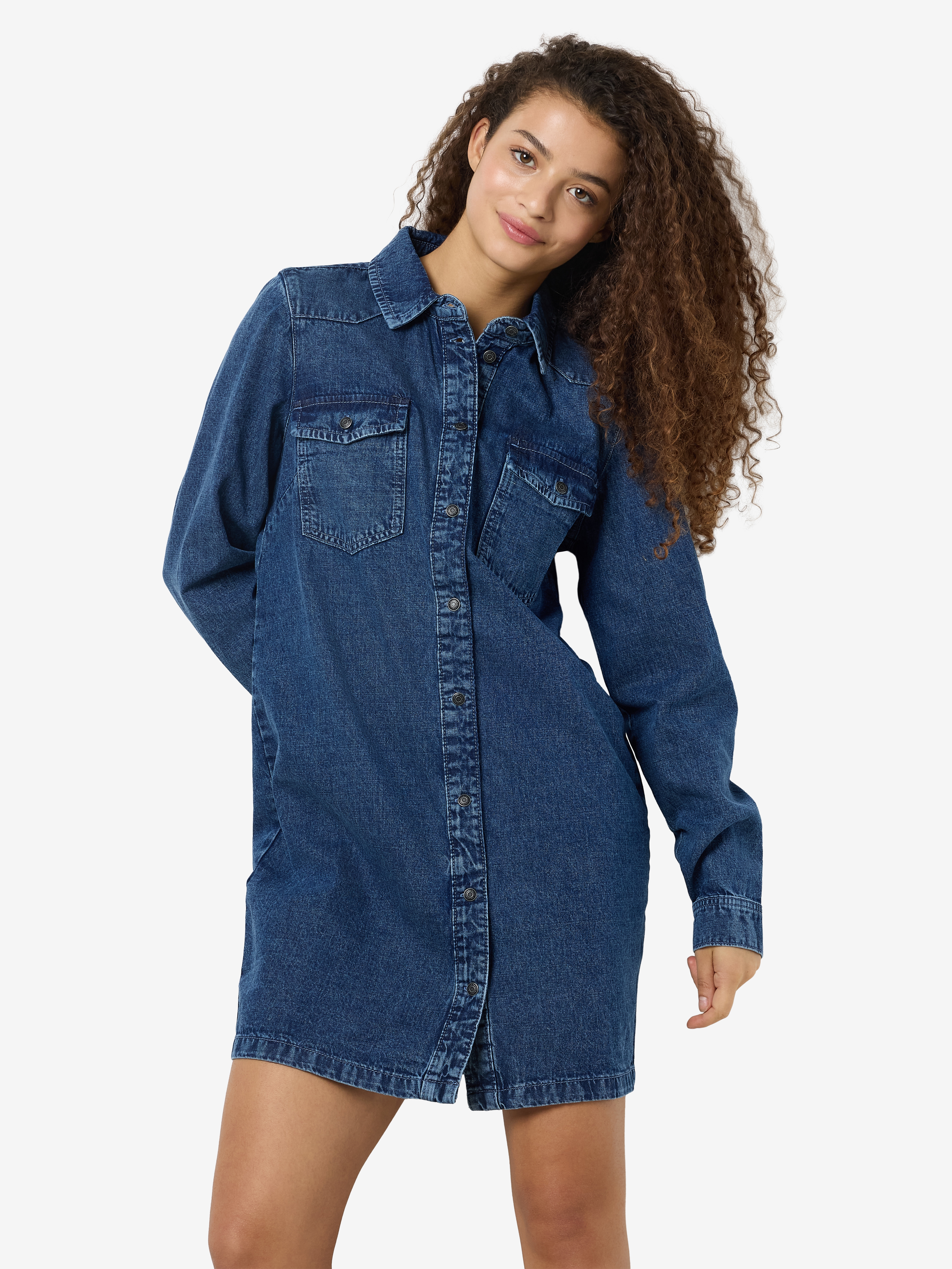 Jeanskleid NOISY MAY "NMNEW SIGNE L/S DENIM DRESS VI002MB LX", Damen, Gr. S (36), N-Gr, blau (medium blau denim), Denim/Jeans, Obermaterial: 100% Baumwolle, unifarben, Kleider Image