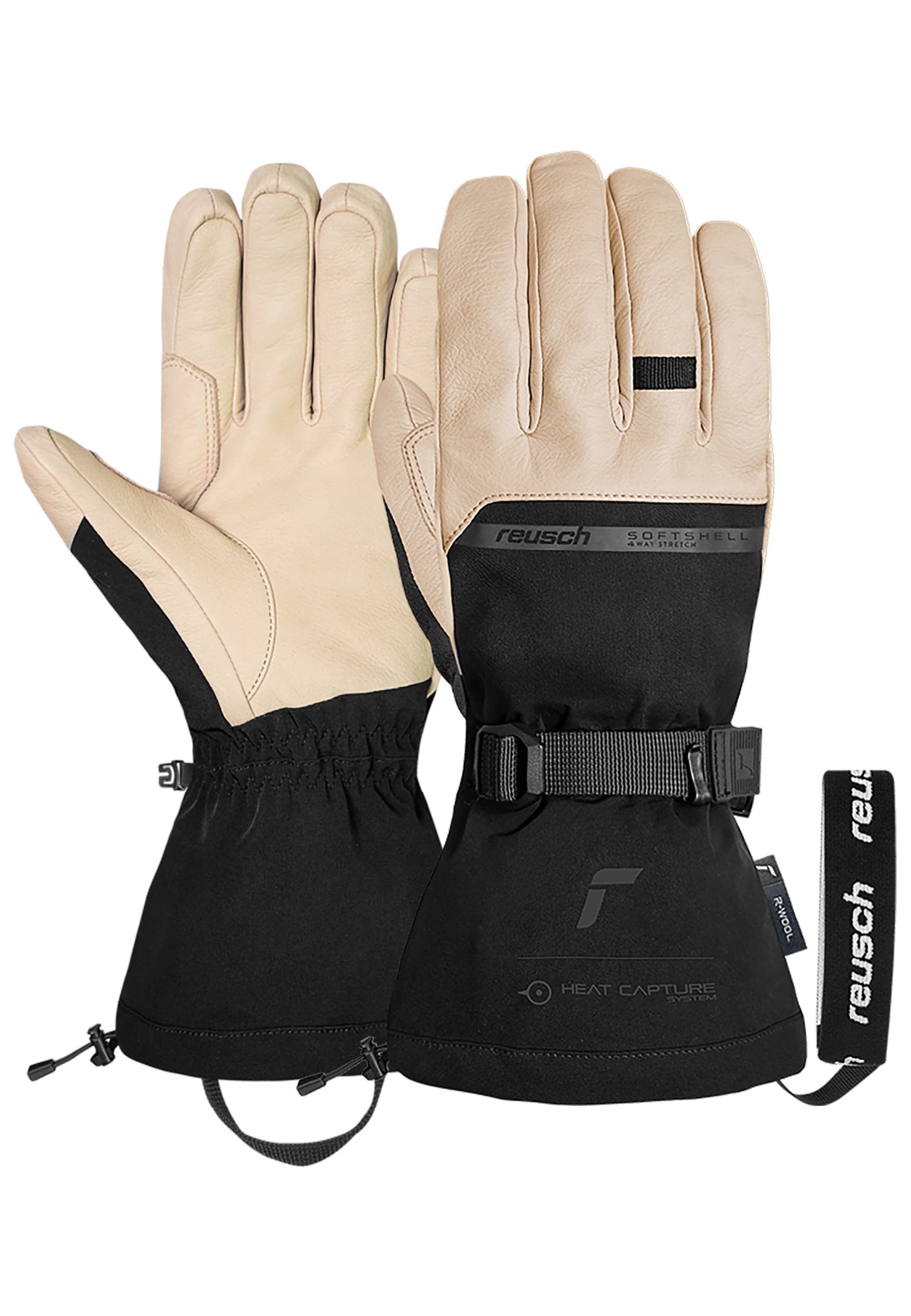 Skihandschuhe REUSCH "Duality R-WOOL", Damen, Gr. 7, beige, schwarz, 70% Polyester, 30% Rindsleder, unifarben, Handschuhe, mit winddichter, atmungsaktiver Funktion Image