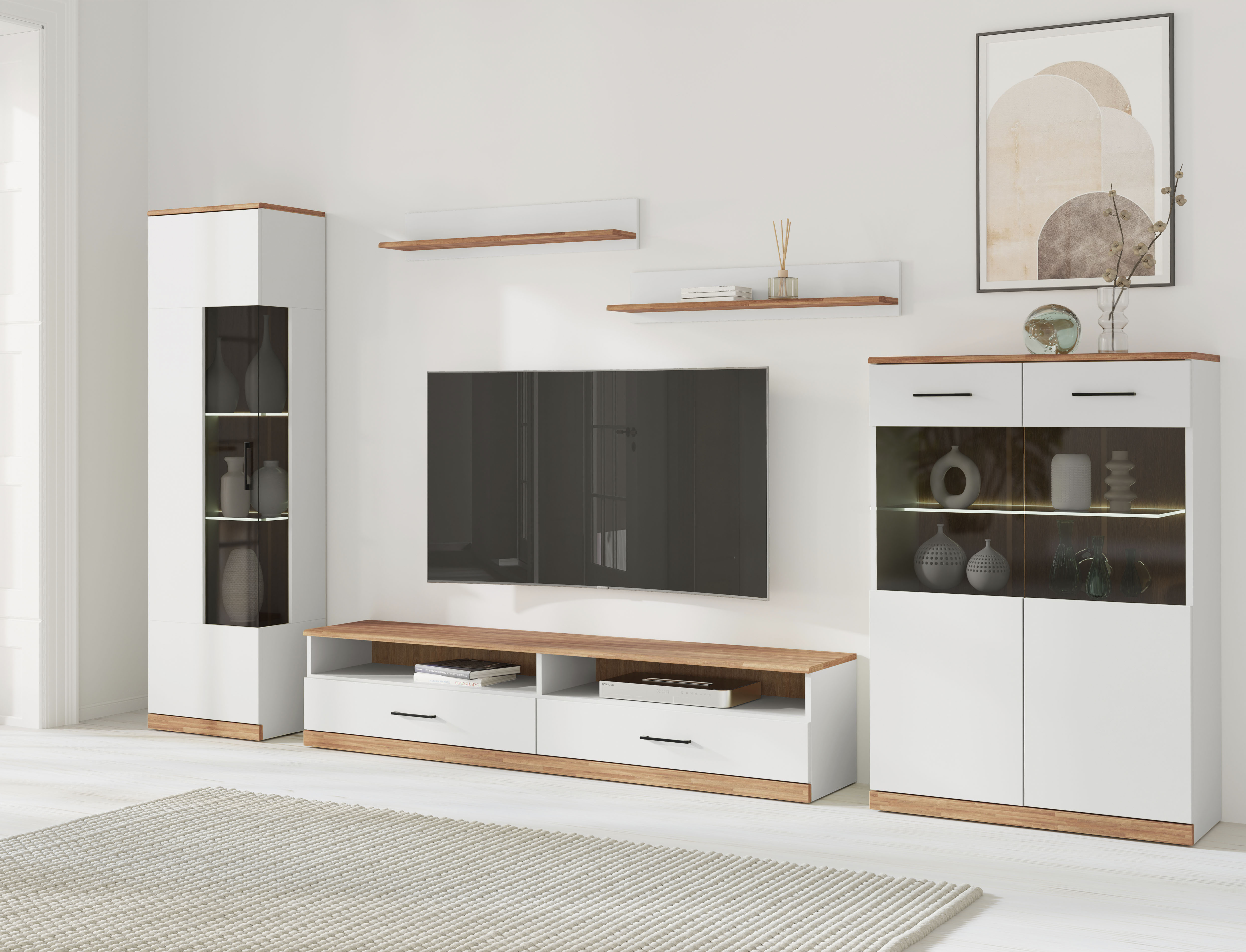 Wohnwand HOME AFFAIRE "Ribe Wohnwand Set-5 St.", weiß (weiß, eiche), Holz teilmassiv, Kastenmöbel-Sets, Holz Wohnwände Wohnwand, Glaseinsatz aus gehärtetem Glas,Böden teilweise versetzbar