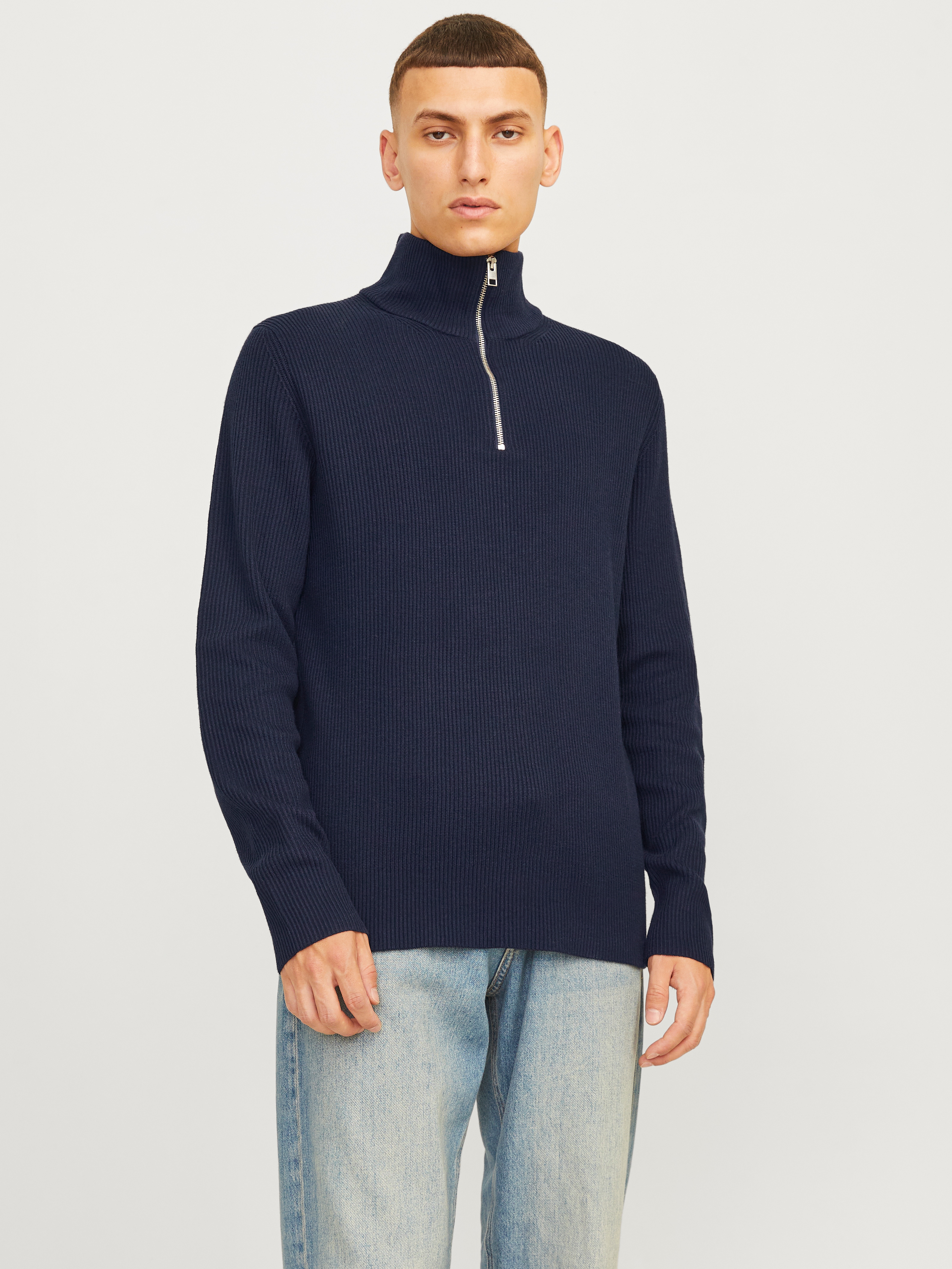 Troyer JACK & JONES "JJEPERFECT KNIT HALF ZIP SN", Herren, Gr. M, blau (sky captain), Strick, Obermaterial: 50% Baumwolle, 50% Polyester, unifarben, Rundhals, Bündchen, Pullover Image