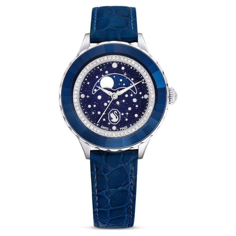 Octea Moon Watch, Swiss Made, Moon, Leather Strap, Stainless Steel - Blue - Swarovski Watches