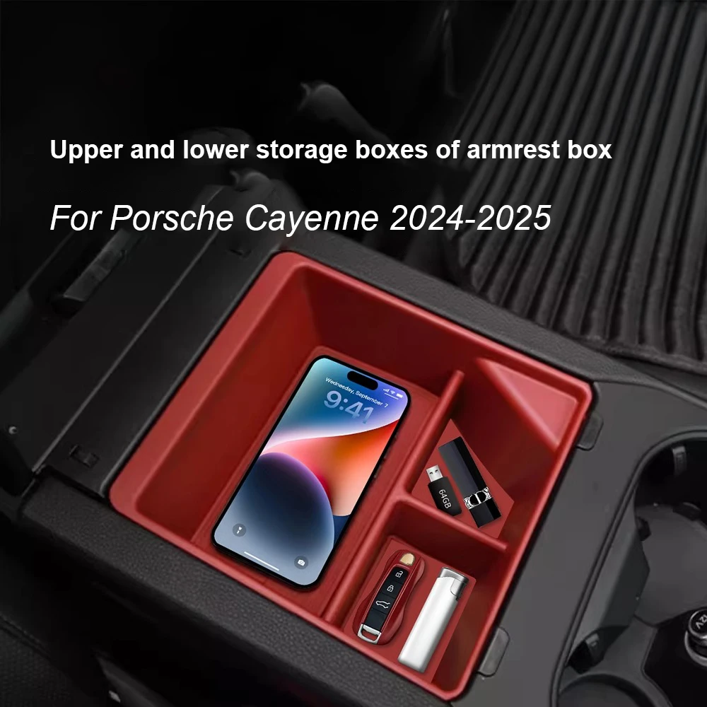 Für Porsche Cayenne 2024 2025 Auto Mittelkonsole Oberen Unteren Lagerung Box Tablett Zentrale Armlehne Organizer Fall Innen Zubehör Image