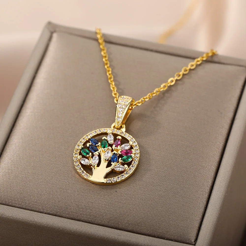 Luxus Bunte Zirkon Baum Anhänger Halsketten Für Frauen Mode Edelstahl Schlüsselbein Kette Trendy Ästhetischen Schmuck Geschenke Image