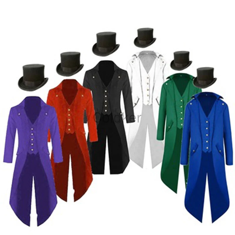 Maxi Größe 5XL Mittelalter Herren Steampunk Halloween Cosplay Kostüm Vintage Frack Jacke Gothic Zirkusdirektor Mantel mit Hut