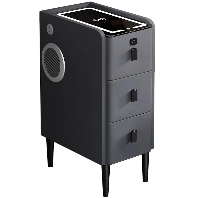 Intelligenter, superschmaler Nachttisch aus Holz mit kabelloser Aufladung, moderner Nachttisch aus Kunstleder mit Schloss