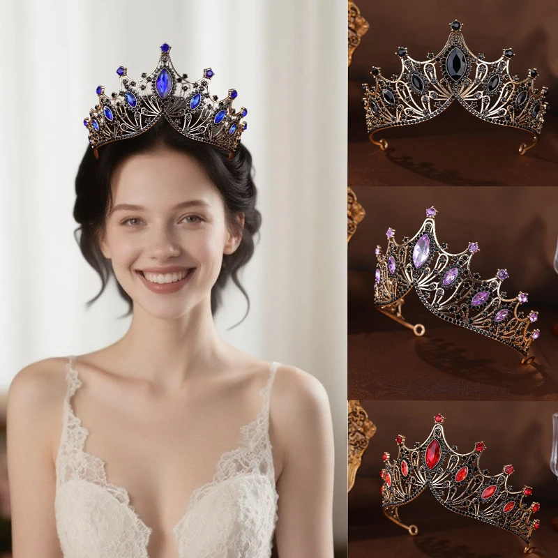 Vintage Barock-Kristall-Tiara und Kronen-Stirnbänder, grün-blaues Strass-Diadem für Damen, Braut-Hochzeits-Haaraccessoires