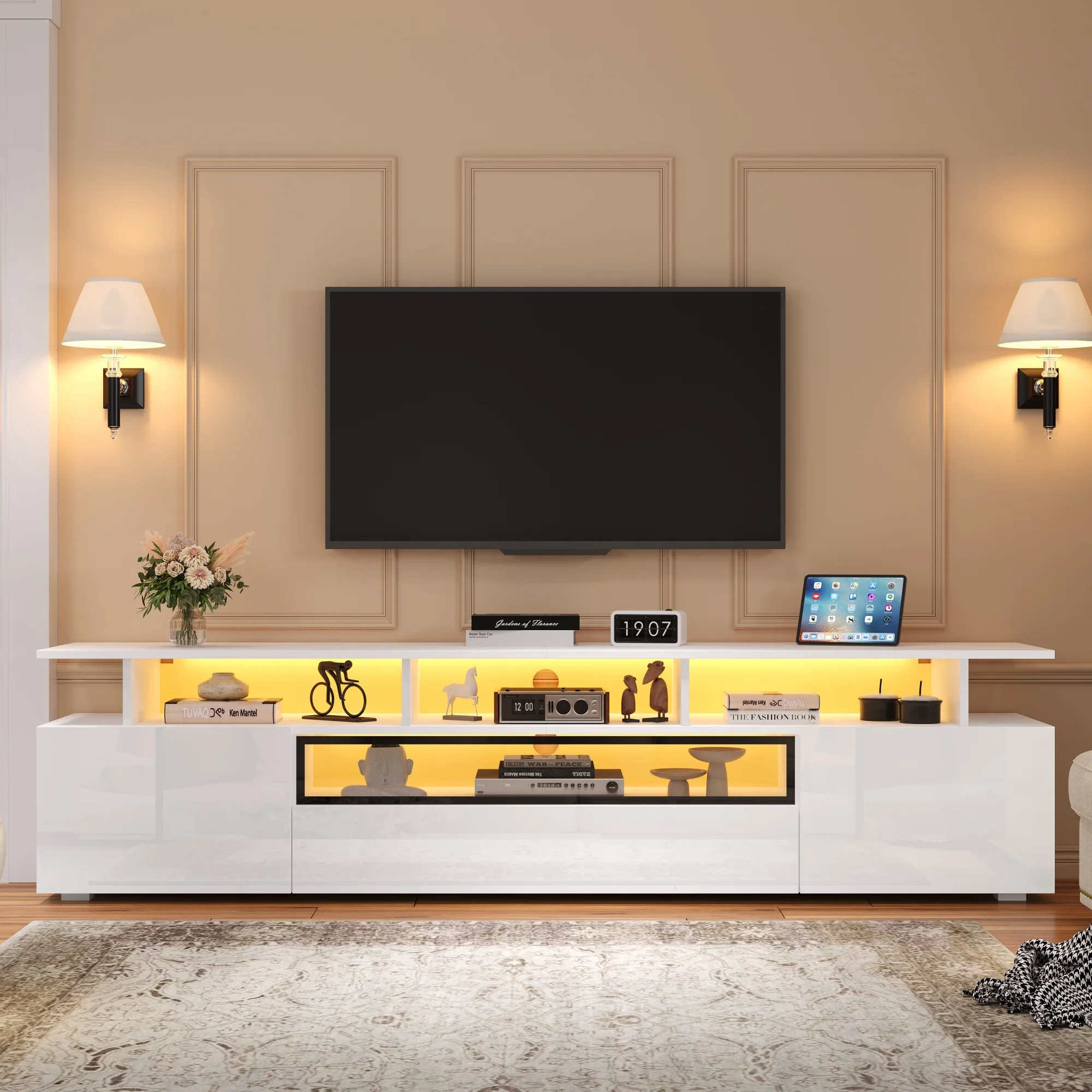 180x38x45cm Hochglanz-TV-Lowboard. Mit LED-Beleuchtung, 2 Schränken, 1 Schublade & 10 Fächern. Passend für Fernseher bis 75 Zoll Image