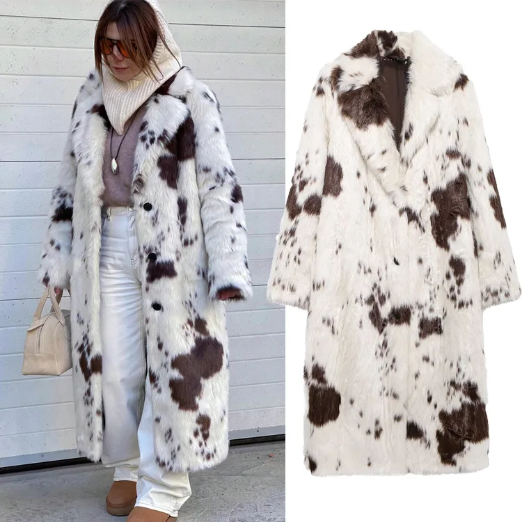 Animal Print Frauen Faux Pelzmantel Lange Kerb Kragen Pelzigen Jacke Streetwear Lose Plüsch Mantel Winter Langarm Flurry Mantel