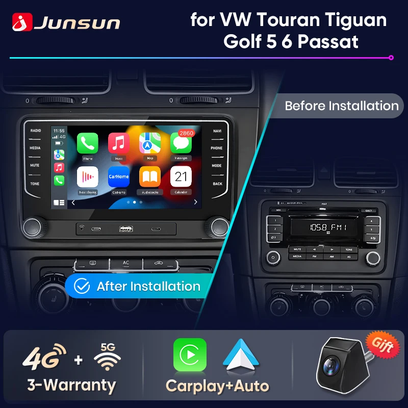 Autoradio Junsun Wireless CarPlay Android Auto per VW Volkswagen Golf 5 6 Passat B6 Polo Tiguan Touran Jetta EOS Caddy Scirocco Skoda Octavia Seat Leon Navigazione GPS Lettore Multimediale WiFi 4G DSP