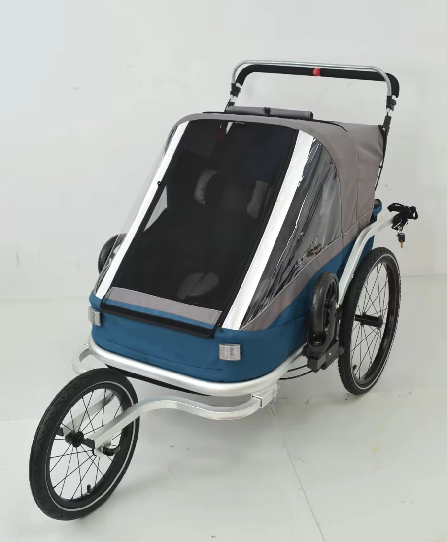 3-in-1-Fahrradanhänger mit Doppelsitz, Jogger-Kinderwagen für Kinder, Zwillings-Fahrradanhänger wandelt sich in einen Kinderwagen um Image