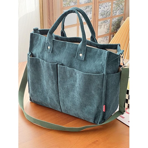 borsa tote in velluto a coste da donna con più tasche, borsa a tracolla vintage casual, borsa a tracolla di grande capacità per l'uso quotidiano, lavoro, viaggi e shopping