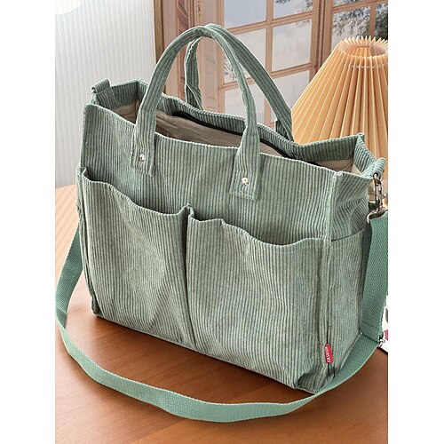 borsa tote in velluto a coste da donna con più tasche, borsa a tracolla vintage casual, borsa a tracolla di grande capacità per l'uso quotidiano, lavoro, viaggi e shopping