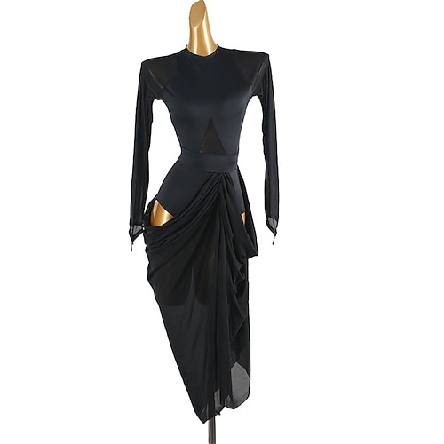 abito da ballo latino da donna blu reale con maniche lunghe, gonna drappeggiata e lati tagliati, ideale per salsa, rumba e abbigliamento da spettacolo