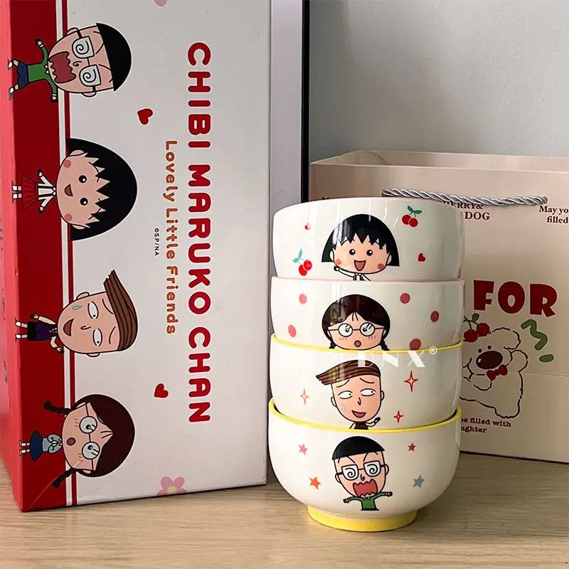 4Pcs Kawaii Chibi Maruko-Chan Anime Hobby Cartoon Ceramic Breakfast Bowl Household Rice Bowl Round Rice Bowl Birthday Gift