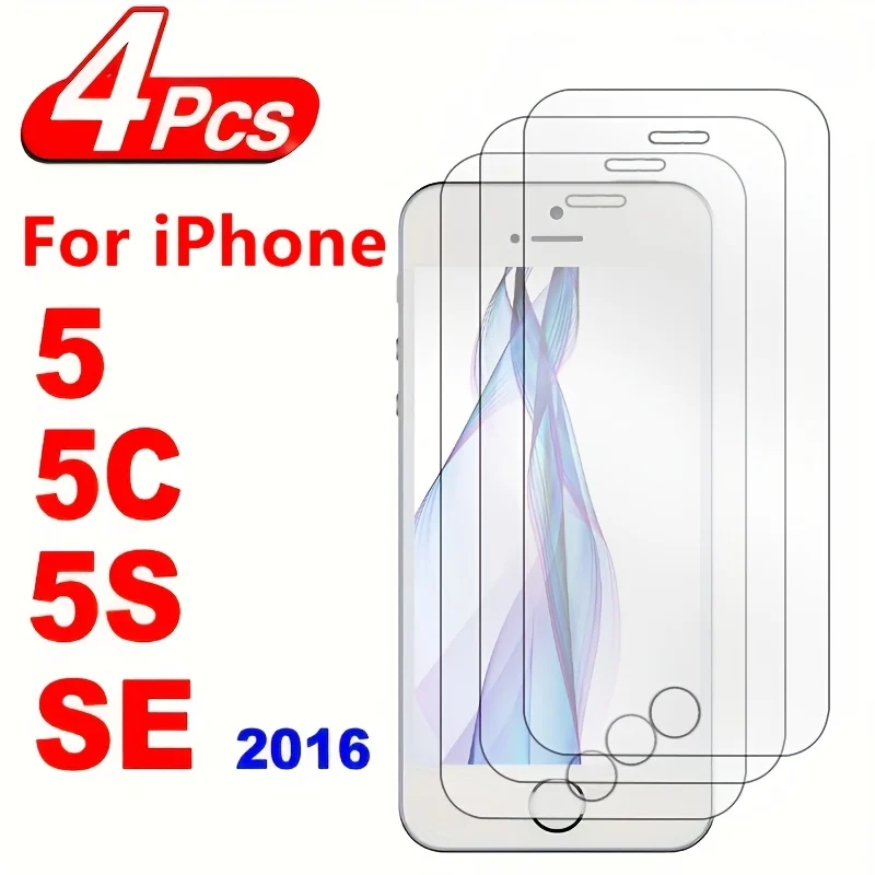 4-Pack Tempered Glass For iPhone SE 2016, iPhone 5S, iPhone 5, iPhone 5C Screen Protector, Bubble Free, 9H Hardness