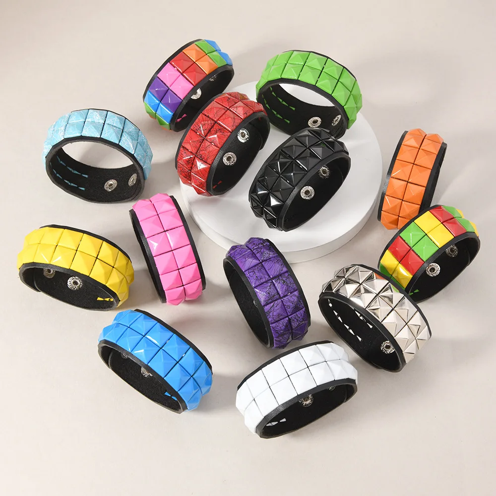 Punk Bracelet Cool Double Row Square Nail PU Bracelet Men