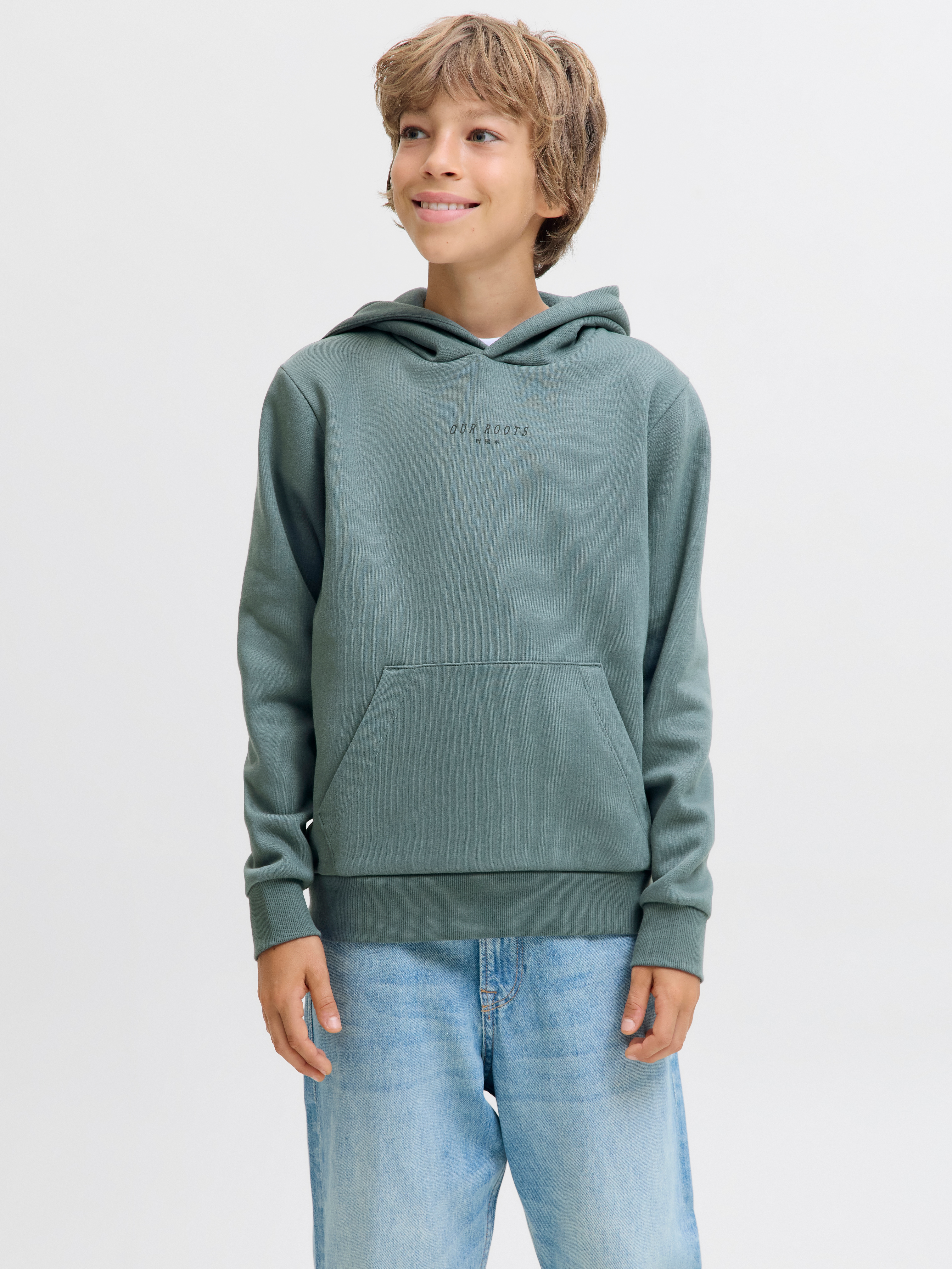 Kapuzensweatshirt JACK & JONES JUNIOR "JJKENJI SWEAT HOOD JNR", Jungen, Gr. 140, stormy weather, angeraute Sweatware, Obermaterial: 70% Baumwolle, 30% Polyester, unifarben, relaxed fit normal, Rippbündchen, Sweatshirts Image