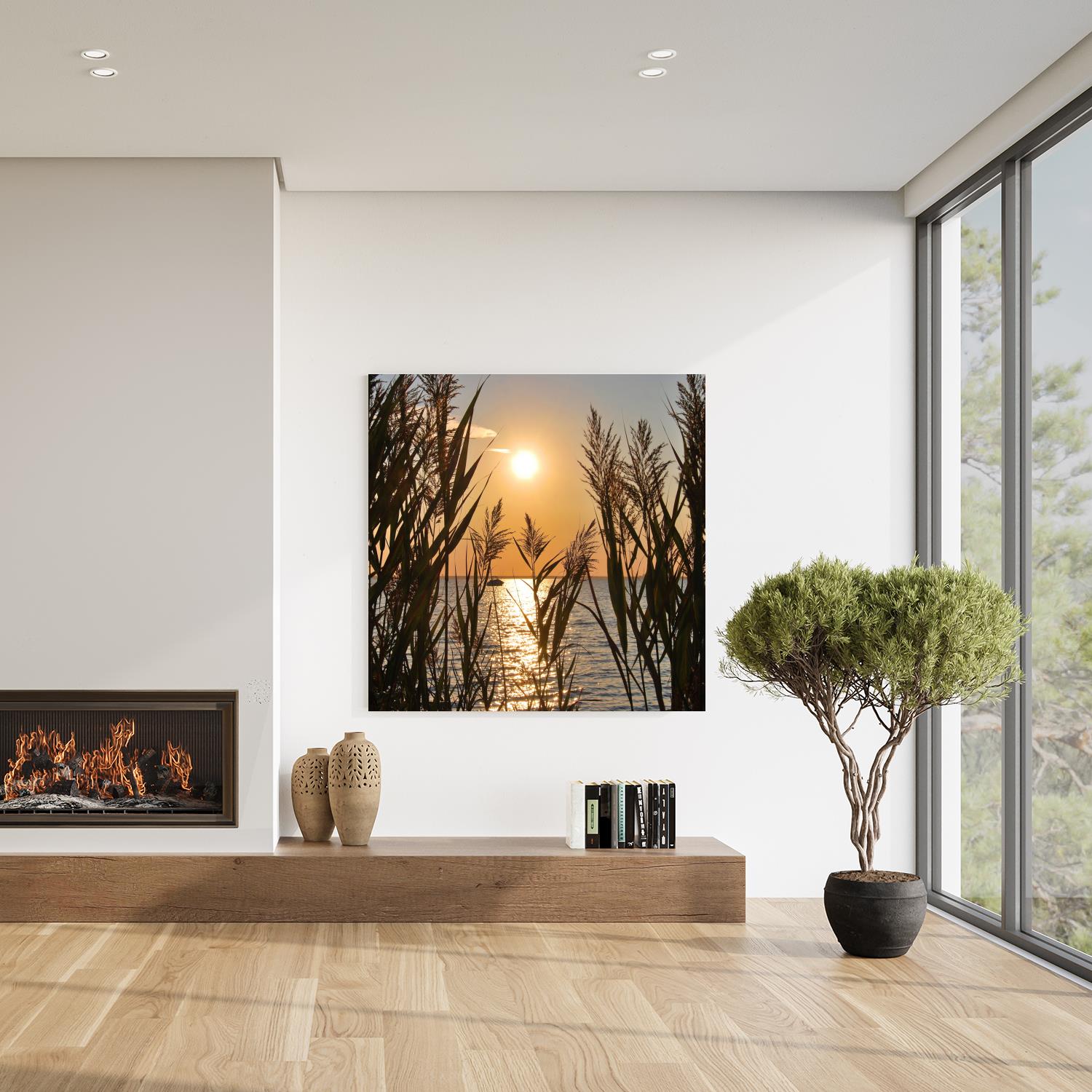 XXL-Wandbild QUEENCE "Akustikbild Seelandschaft Gräser", farbe bild(er): natur, B:70cm H:70cm T:2,5cm, Polyester, Bilder, Einfache Akustiklösung ohne Baumaßnahme, Schalldämmung, Paneele Image