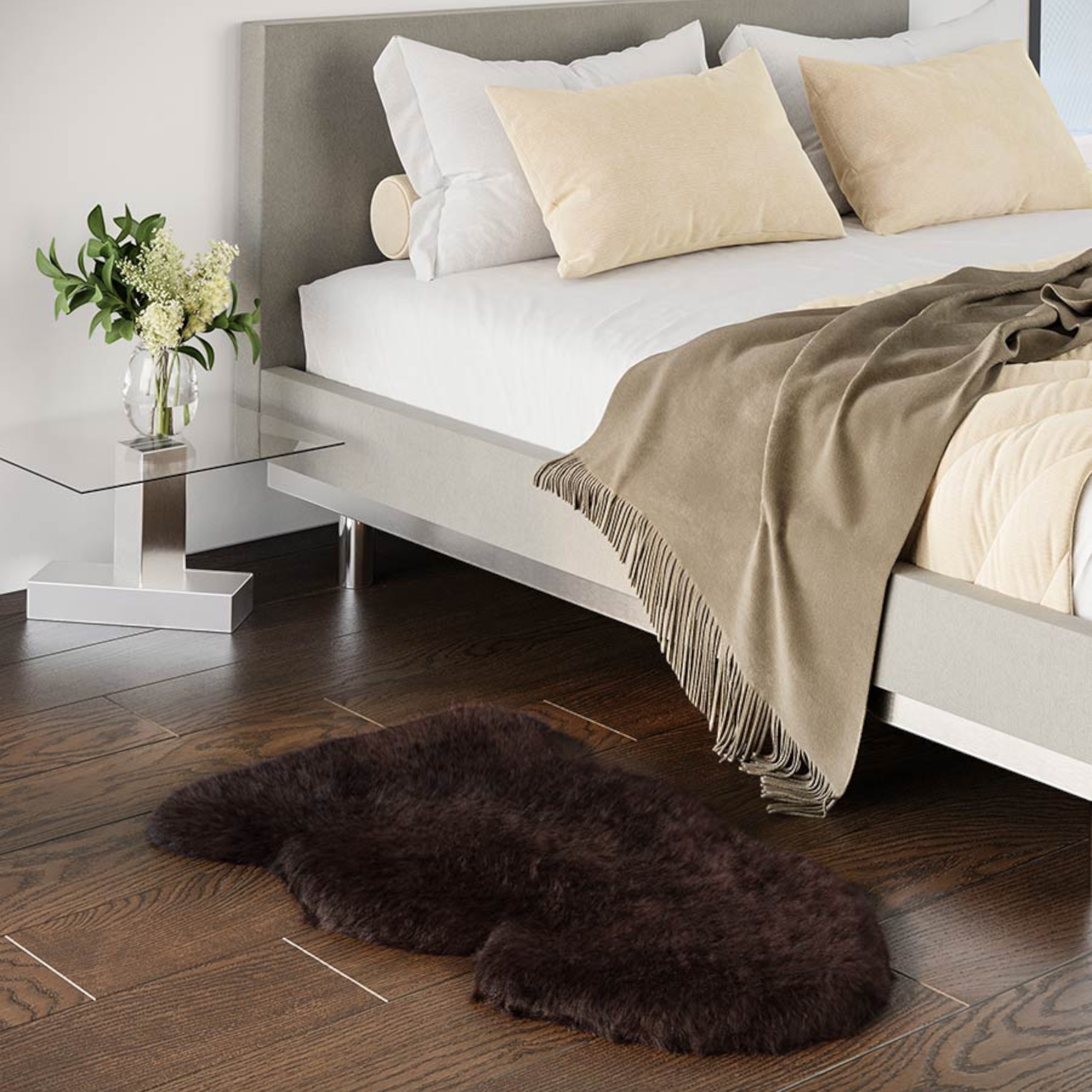 Echter schokoladenbrauner Schaffell-Teppich, seidig, natürlich, weich und flauschig, echte Wolle Image