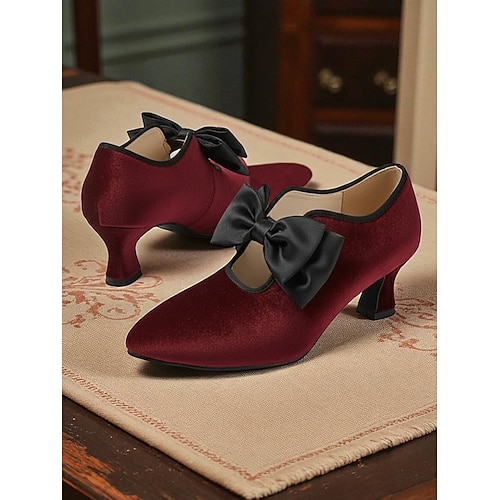 Schwarze Damenschuhe aus Samt mit Kitten Heel und schwarzer Schleife – Pumps im Vintage-Stil im viktorianischen Stil für Damen, perfekt für Hochzeiten und Gatsby-Partys formelle Abendoutfits Image