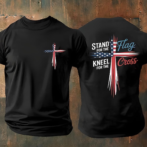 Herren Kreuz Amerikanische Flagge Kurzarmshirt T-Shirt Kurzarm T-Shirt 3D-Druck Rundhalsausschnitt Hemd Mode Designer Lässig Täglich Urlaub Ferien Schwarz Ganzjahres Bekleidung XXL 2XL XXL XXXL 3XL Image