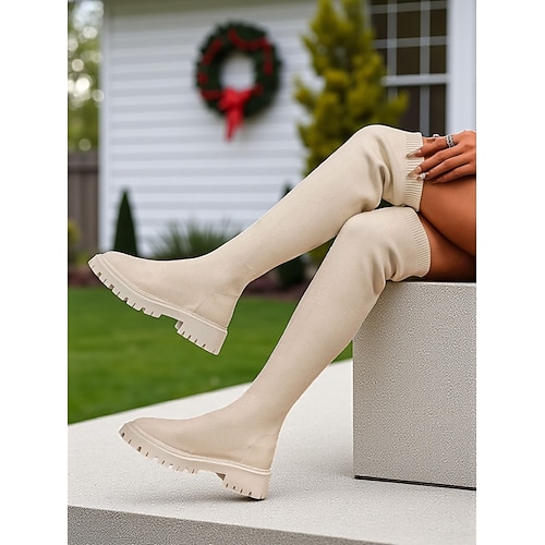 Rote Overknee-Stiefel für Damen mit dicker, rutschfester Sohle, dehnbare Winterstiefeletten im Sockenstil für lässige Outfits, Weihnachtsfeiern Streetwear Image