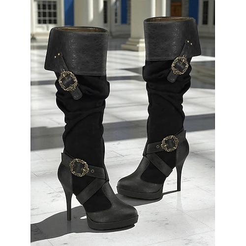 Braune mittelalterliche Overknee-Stiefel für Damen mit hohem Stilettoabsatz und Schnallenriemen-Design, modische Stiefel im Vintage-Renaissance-Stil für Kostümpartys, Cosplay Abend Image