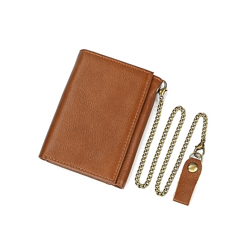 Herren-Geldbörse aus echtem Leder mit Schlüsselschlitz und Kette, Vintage-Kartenhalter mit zweifacher Falte, multifunktionale Geldbörse für den täglichen Gebrauch und auf Reisen