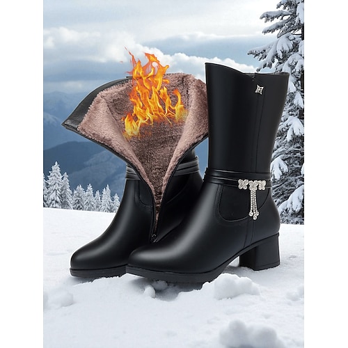 Warme, pelzgefütterte Damenstiefel mit halbhohem Schaft und niedrigem Blockabsatz, rote Winterstiefeletten aus Kunstleder, rutschfeste, bequeme Modeschuhe für kaltes Wetter, Outdoor-Reisen und Image