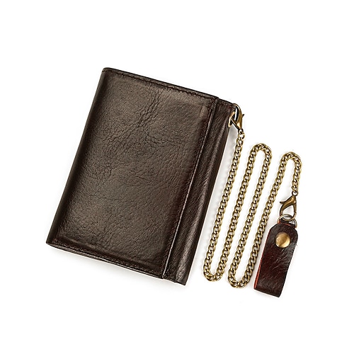 Herren-Geldbörse aus echtem Leder mit Schlüsselschlitz und Kette, Vintage-Kartenhalter mit zweifacher Falte, multifunktionale Geldbörse für den täglichen Gebrauch und auf Reisen
