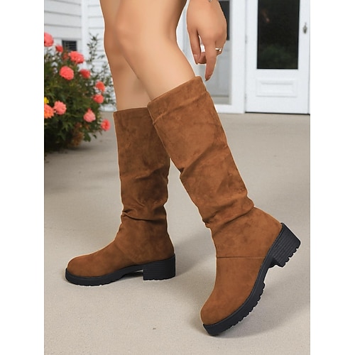 Damen Stiefel Schluffige Stiefel Täglich Weihnachten Stiefel mit mittlerer Wade Flacher Absatz Runde Zehe Lässig Minimalismus Kunstwildleder Loafer Schwarz / rot Leopard Dunkelbraun Image