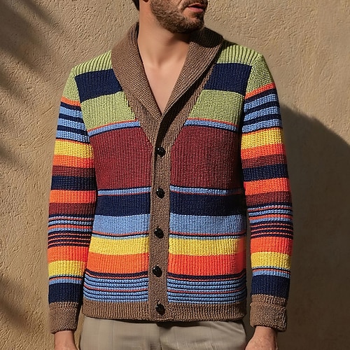 Herren Strickjacke Kurzer Pullover Strickpullover Gerippt Stricken Normale Oberteile Knöpfe Streifen Schalkragen Mode Klassisch Urlaub Alltagskleidung Bekleidung Herbst Winter Braun M L XL Image
